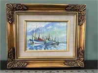 Signed oil ship painting gold guild frame