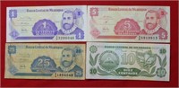 (4) 1991-1992  1-5-10-25 Centavos Nicaragua Notes
