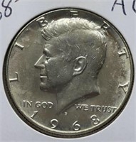 Of) 1968-D silver Kennedy half dollar AU