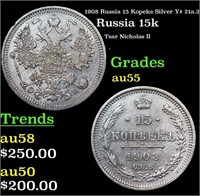 1908 Russia 15 Kopeks Silver Y# 21a.2 Grades Choic