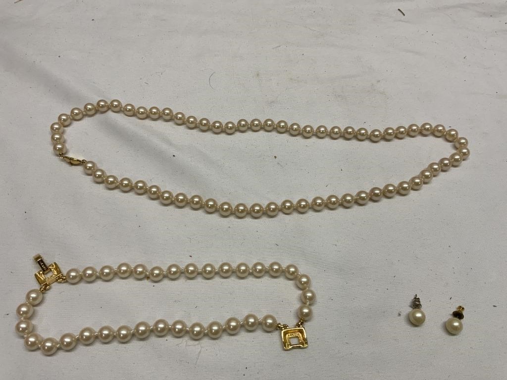 Monet Pearl Necklace, Earrings, & Bracelet