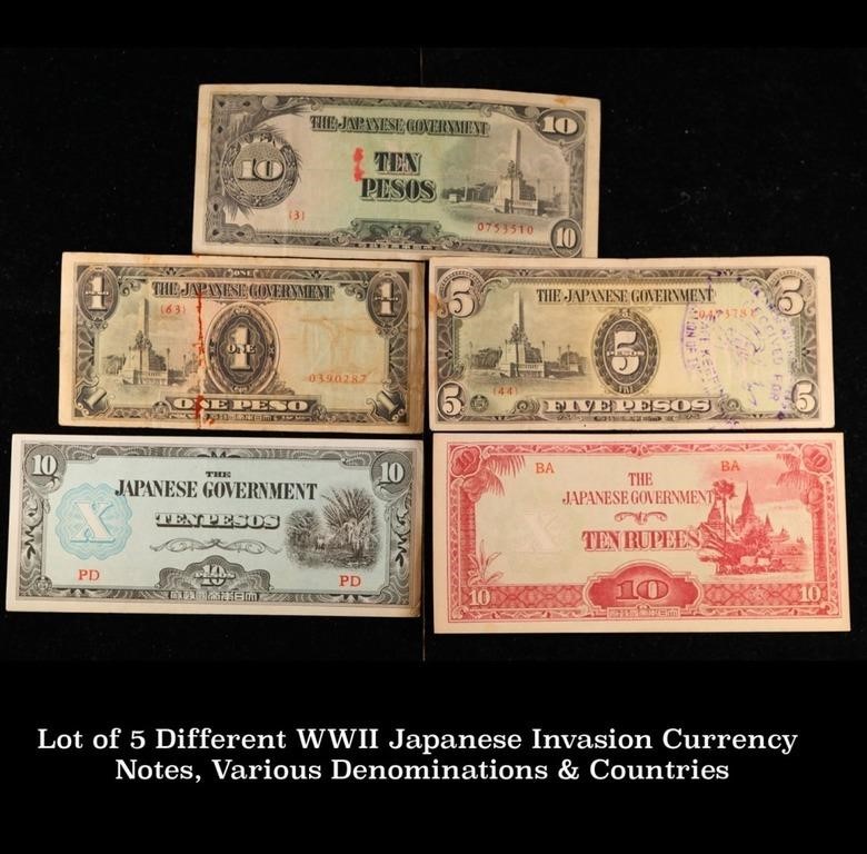 Lot of 5 Different WWII Japanese Invasion Currency