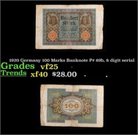 1920 Germany 100 Marks Banknote P# 69b, 8 digit se
