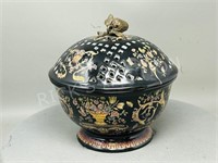 8" oriental design porc. lidded jar ,bronze hande