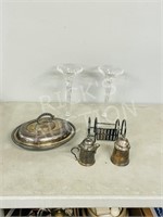 silver plate dishes & 2 glass candle holders