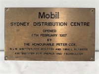 1987 Mobil Sydney Distribution Centre brass plaque