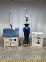 Brass piano lamp, mid century blue table lamp,