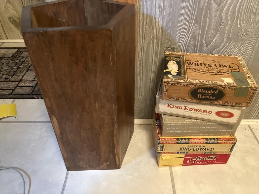 Vintage cigar boxes & wood trash box