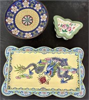 3 Piece Vintage Chinese Metal Tray & Dish Lot