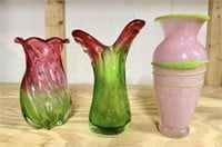 3 Decorative Pink & Green Glass Vases