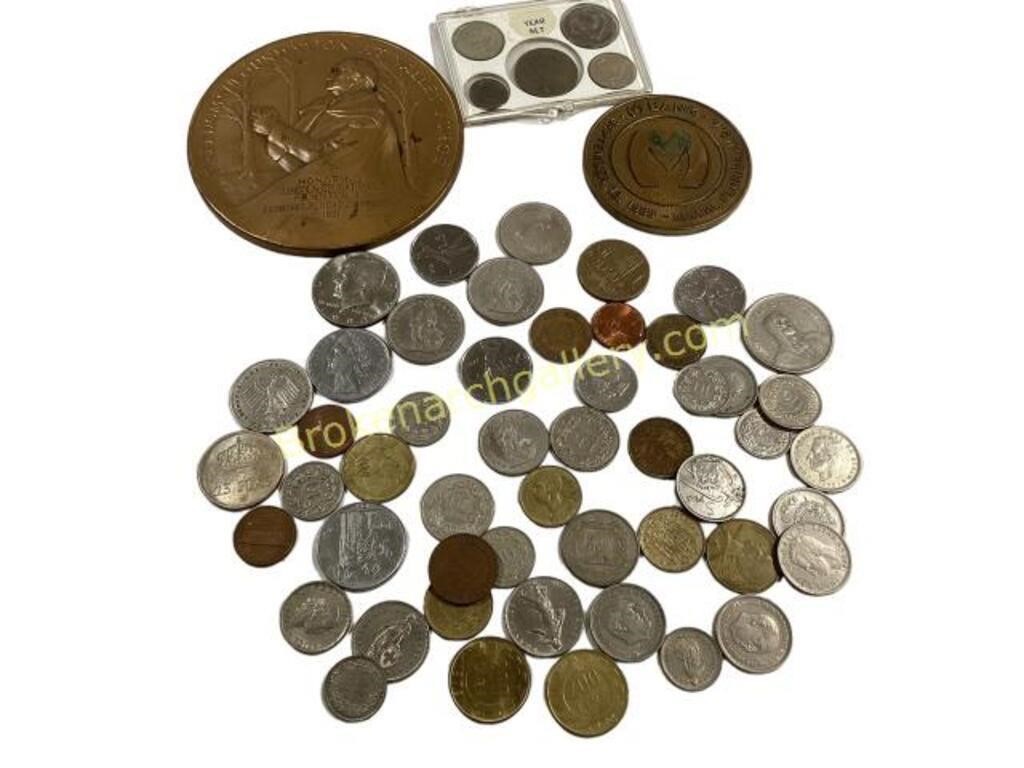 Group Mostly Foreign Coins, Medallions