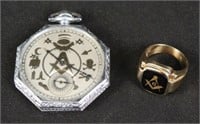 Elgin 15 Jewel Masonic Pocket Watch & Ring