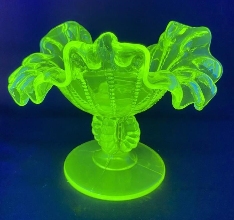 Uranium Glass Ruffle Hobnail Candle Holder