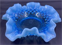 Fenton Glass Blue Ruffle Hobnail Bowl
