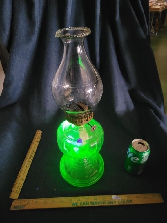 Green Uranium Glass Oil Lamp w/ Chimney