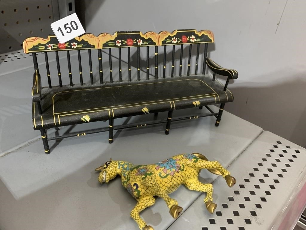 10" WIDE WOOD PAINTED BENCH AND CLOISONNE HORSE