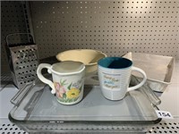 PYREX AND TWO LIKE NEW MUGS, GRATER
