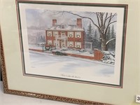 FRAMED PAINTING OF WINTER SCENE WITH HOUSE,
