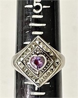 Sterling silver ring w/ marcasites & purple stone