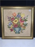 FRAMED EMBROIDERED FLOWER BOUQUET, 26.5" X 26.5"