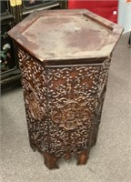 Carved wood hexagon side table