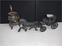 MINIATURE CAST IRON HORSE AND BUGGY (3" X 9") AND