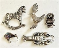 5 sterling silver animal brooches