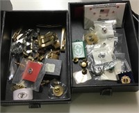 Group of pins and men's jewelry in 3-drawer box