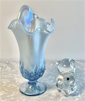 Fenton blue opalescent vase and crystal bear