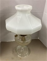 Oil lamp with milk glass shade