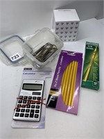 LARGE PAPER CLIPS, PAPER PAD, CALCULATOR, LEAD