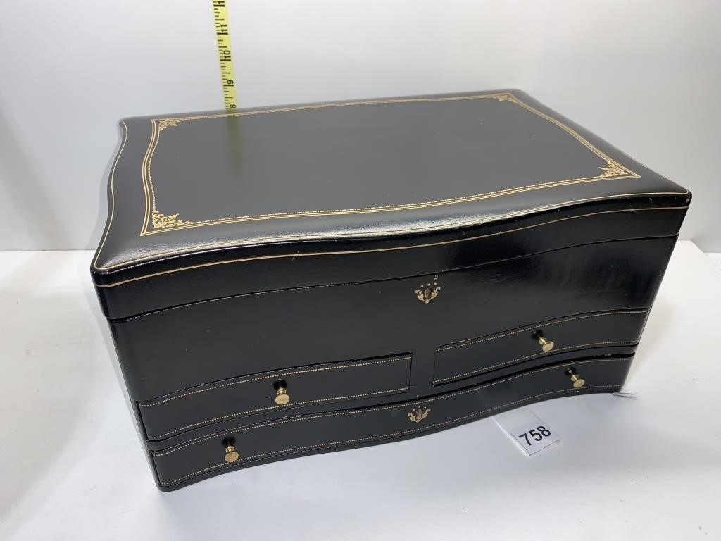 BLACK LEATHER JEWELRY BOX LIFT TOP AND 3 DRAWERS