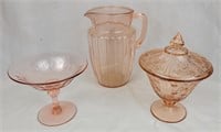 Pink Dep. Pitcher, Lidded Candy Dish & Compote