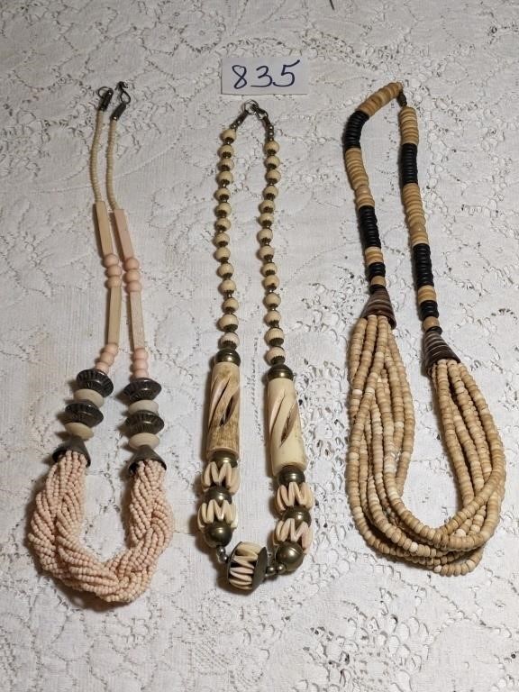 BOHO BEADED NECKLACES CARVED BONE BEADS METAL AND