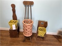 3 WOODEN PLANT STANDS WITH 3 NEW PLANTER POTS