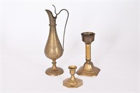 Vintage Solid Brass Ewer & Candle Holders