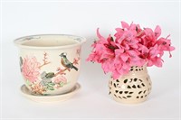 Hand Painted Porcelain Jardinere, Cut Vase