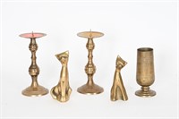 Vtg Leonard Solid Brass Cat Bookends, Candlesticks