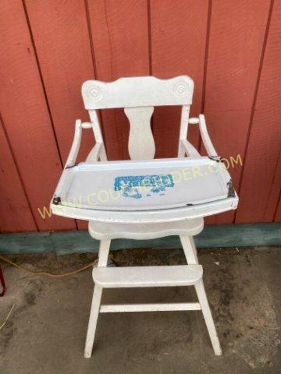 Antique Wooden High Chair with Enamel Tray