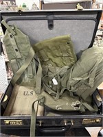 BRIEFCASE FULL OF MISC MILITARY CANVAS BAGS