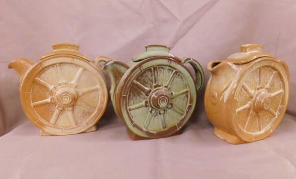 3 Frankoma Pottery wagon wheel teapots