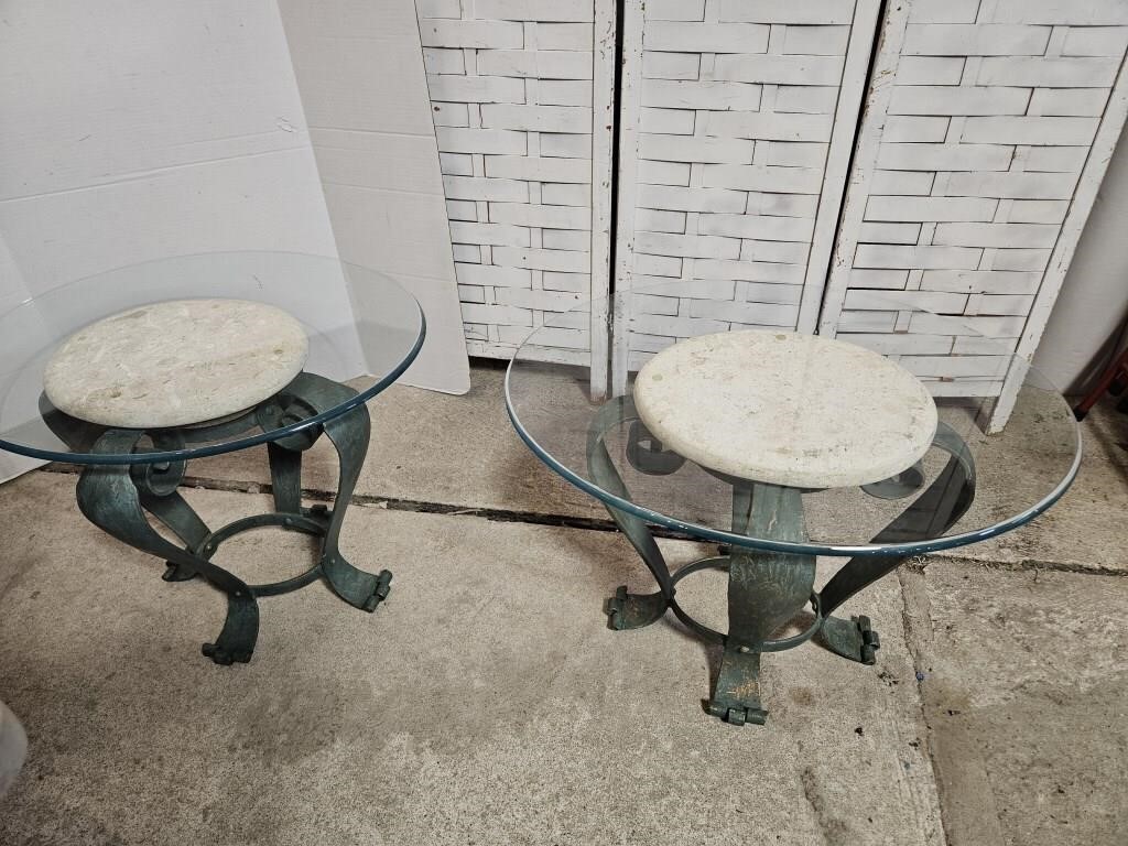 Heavy Metal Side Tables 29x22 x 21" h w Glass Top