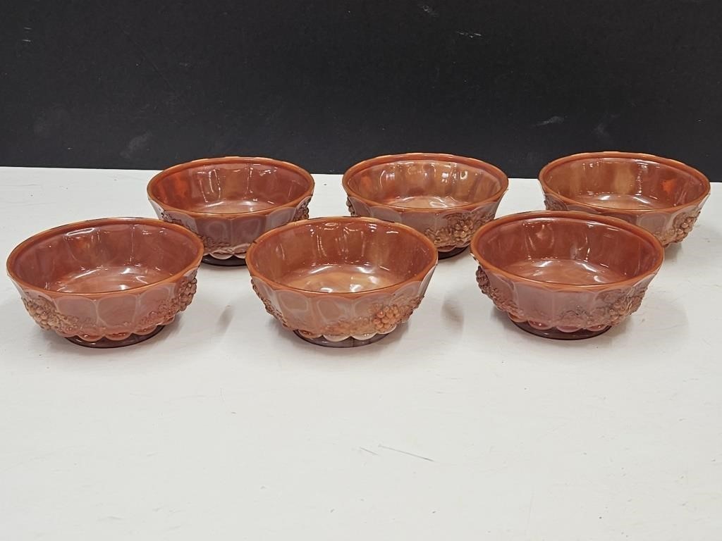Set of 6 Coral Slag Glass Berry Bowls  4" wide