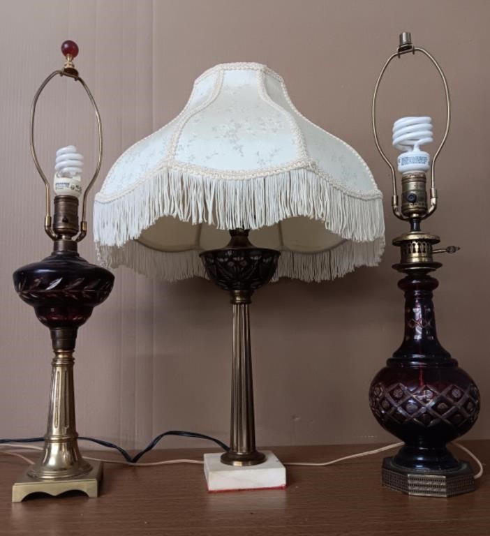 (3) Vintage Lamps W/Red Etched Glass