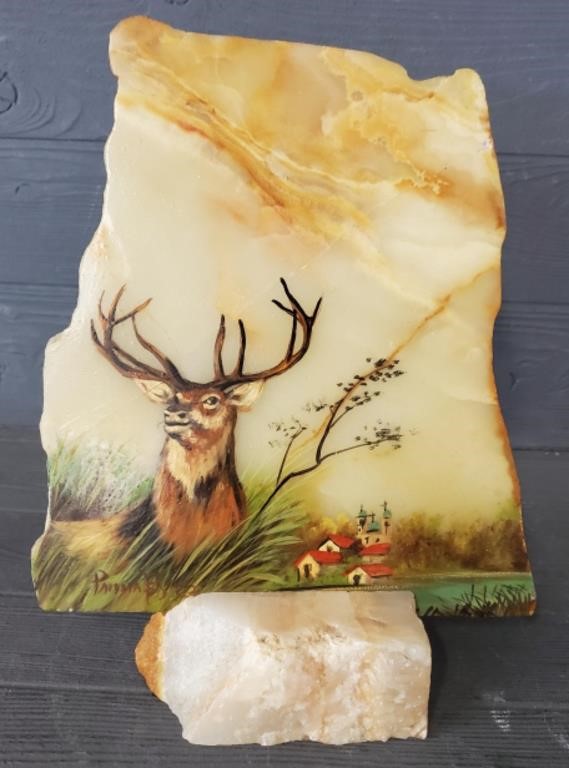 Painted Buck On Marble Slab Signed