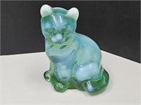 Fenton Art Glass Opalescent Green Cat Paperweight