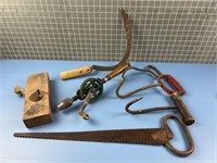 OLD TOOLS SAW / DRILL / HOOKS AND MORE