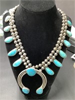 NAVAJO SQUASH BLOSSOM SILVER AND TURQUOISE