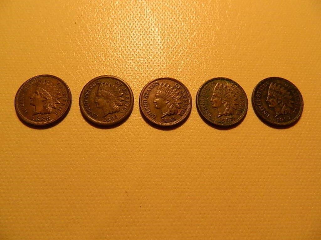 5 Indian Head Pennies 1864-1907