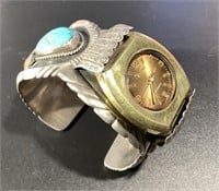 NAVAJO SILVER AND TURQUOISE WATCH CUFF BULOVA